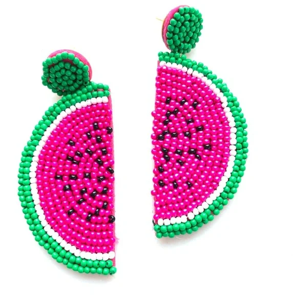 Watermelon Slice Seed Bead Dangle Earrings - Picture 2 of 7